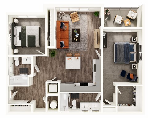 Floor plan for 2 beds, 2 baths, 1052 sqft